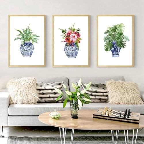 Chinoiserie Art Print Ginger Jar Blue White Porcelain China Ming Vase Wall Art Canvas Painting Poster Floral Decor