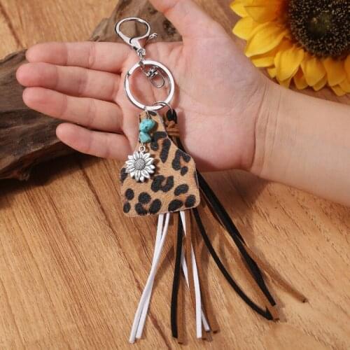 Genuine Leather Key Ring Geometric Sunflower Turquoise Tassel Horse Hair Unisex Diy Trendy Bohemia Handbag Key Chain