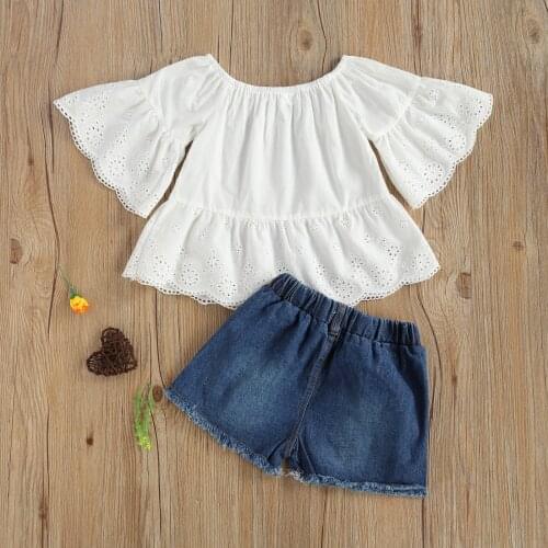 Summer Children Outfits For Toddler Baby Girl Ruffles Sleeve Tops +Shorts Set Children T-shirt Ripped Denim Short Pants