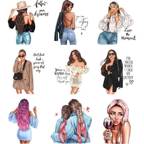 Fashion Lady Thermal Stickers On Clothes Girl Iron On Patches For Clothing DIY Washable T-Shirt Heat Transfer Patches Appliqued