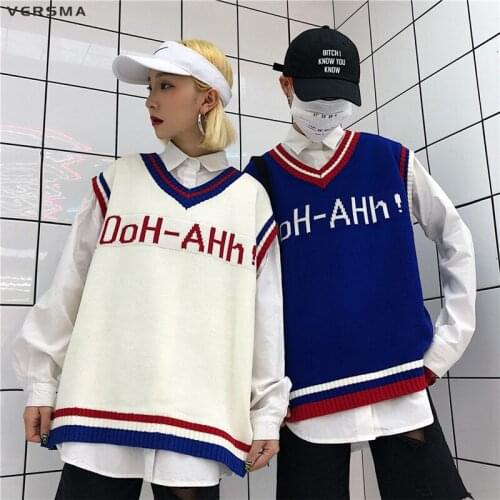 VERSMA 2018 Korean Harajuku Instagram BF Letter Mens Knitted Vests Sweater V Neck Oversized Sleeveless Sweater Men Vest Pullover