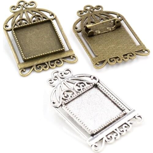 New Fashion 5pcs 20mm Square Inner Size Antique Silver Plated Bronze Plated Birdcage Style Brooch Square Cabochon Base Setting