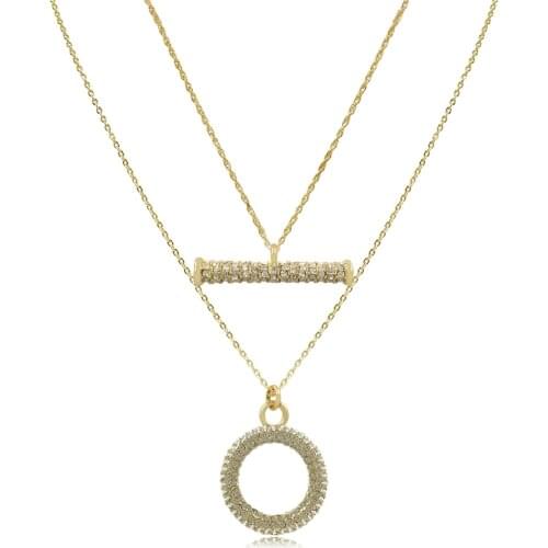 New Fashion Simple Necklace Gold Color Chain with Cristal Paving Stick and O Shape Pendant Layered Necklace