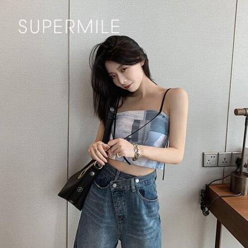 Sexy y2k Print Women Blue&White Crop Top Spaghetti Straps Backless Sleeveless Tank Casual Beach Streetwear Cute Camisole 2021