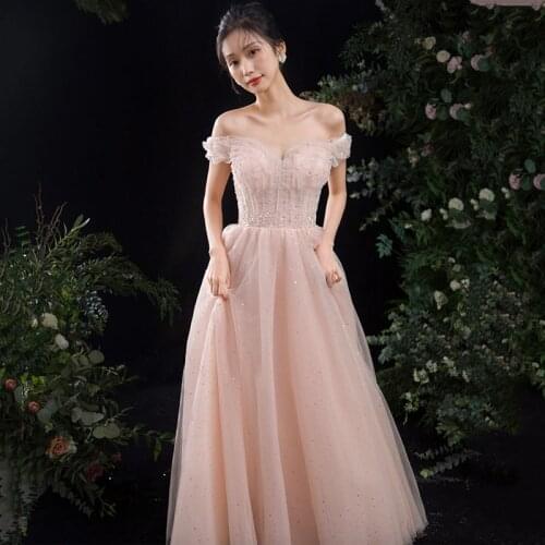 Sequins Boat Neck A-Line Evening Dress Simple Elegant Short Sleeves Tulle Empire New Floor-Length Woman Formal Party Gowns A1472