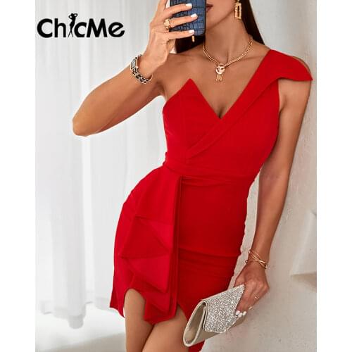 Chicme Women One Shoulder Ruffle Hem Bodycon Party Dress Female V-neck Solid Color Slim Skinny Prom Elegant Night Evening Vestid