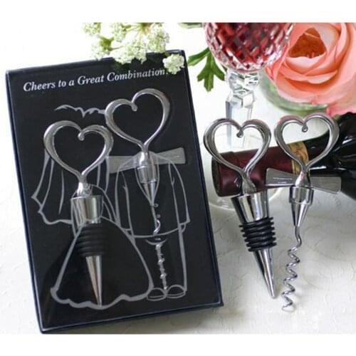 Love Heart Corkscrew Wine Bottle Opener + Wine Stopper Wedding Gift Favors for guests Bottle Opener Set Wedding Decoration