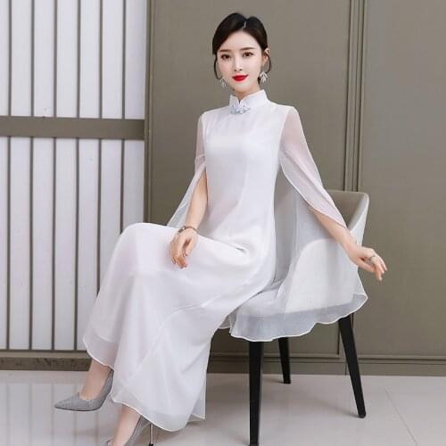 Modern Improved Cheongsam Chinese Style Traditional Fairy Dress For Girls Retro Vintage Standup Collar Tea Clothes Shawl Tops