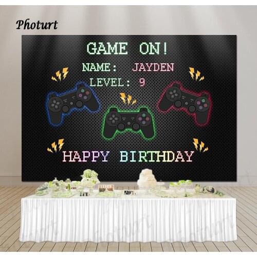 PHOTURT Play Station Controller Photography Backdrop Kids Birthday Photo Background Black Game Level Vinyl Photo Booth Props