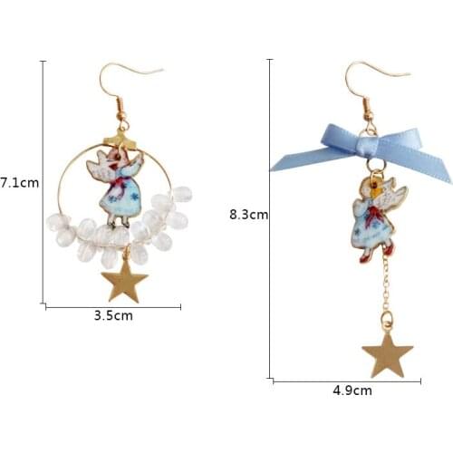 Japanese Asymmetrical Blue Ribbon Bow Bowknot Dangle Star Pendientes Brincos Long Cute Crystals Flying Angel Girls Earrings