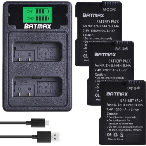 3Pc EN-EL14 EN-EL14a EL14 Battery + LCD USB Dual Charger Type C for Nikon P7800,P7100,D3400,D5500,D5300,D5200,Df