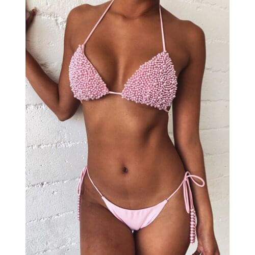 Pearl bra sexy white bikini split swimsuit push up beach suit micro bikini off shoulder sexy bikini