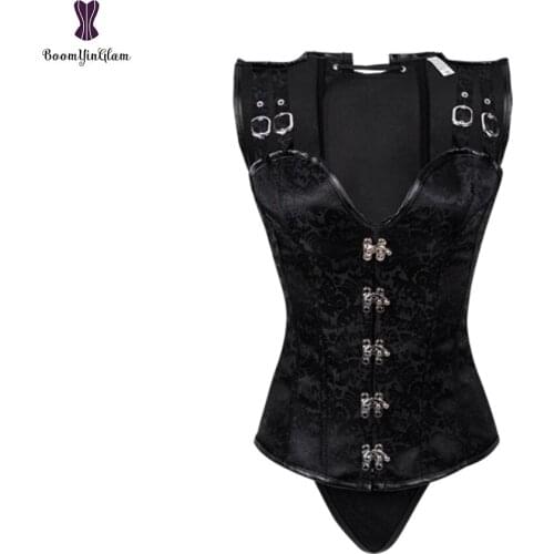 Women Retro Vintage Overbust Corset Steampunk Gothic Black Red Floral Adjustable Strap Waist Bustier Top Corselet