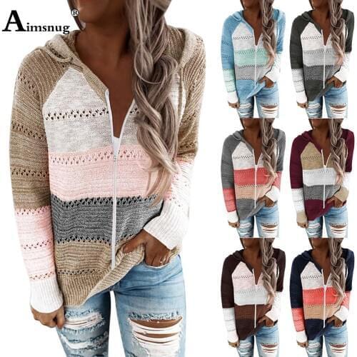 Women Hooded Sweater Autumn 2020 Casual Long Sleeve Zipper Patchwork Color Knitted Shirts Streetwear Femme Cardigans Sweaters