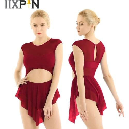Gymnastics Dress Ballet Leotard dress for Women Sleeveless Round Neck Cut Out Front Asymmetric Mesh leotard Ballet Dance Costume