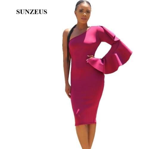 Sheath Knee Length One Shoulder Cocktail Dress 2019 Single Sleeve Women Party Gowns With Ruffles vestido de coctel