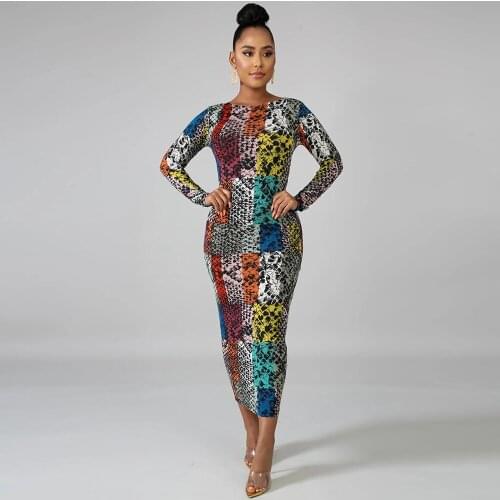 Serpentine Leopard Print Summer Skinny Dress Women Sexy Waist Shaped Full Sleeve Pencil Dress Office Lady Party Clubwear Dress
