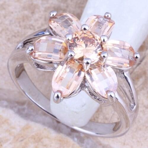 Royal Brown Morganite Silver Plated Womens Flower Jewelry Ring Size 6 / 7 / 8 / 9 R1189