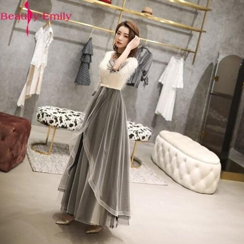 Beauty Emily 2020 Fashion V Neck Half Sleeve Evening Dress Long Elegant Zipper Back Feathers Formal Party Dress with Sashes