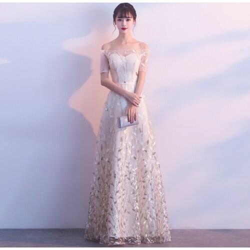 Evening Dress 2020 Champagne Tulle Embroidery Long Formal Gown Elegant Off the Shoulder Short Sleeve Robe de Soiree