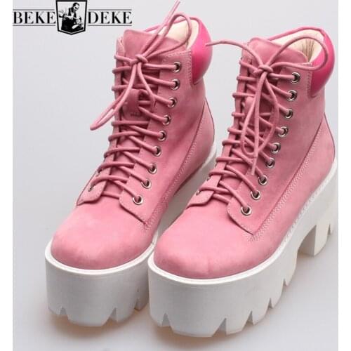 Winter Women Fleece Lining Thick Platform Ankle Boots Casual Block High Heels Riding Safety Shoes Lace Up Genuine Leather Boots