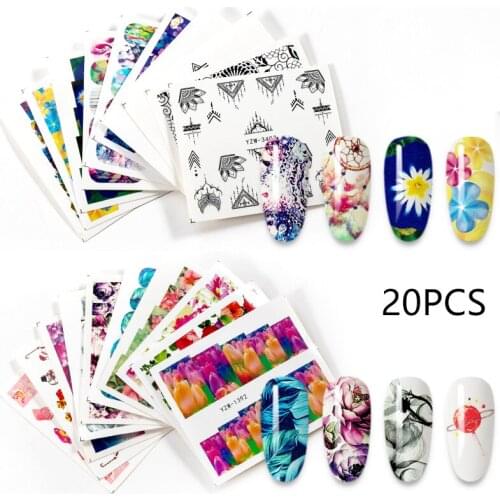 20 Designs Nail Stickers Set Mixed Floral Geometric Nail Art Water Transfer Decals Sliders Flower Leaves Manicures Decoration