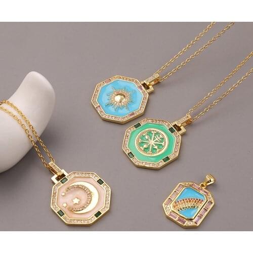 2021 New Fashion Enamel Rainbow Necklace For Women Moon Compass Sun CZ Zircon Crystal Pendant Necklace Collar Charm Jewelry