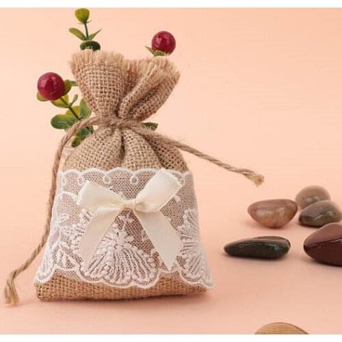 Free shipping Natural Jute Bags White Lace Jute bow-knot Bag Gift Sweets Bags with 4''x 6