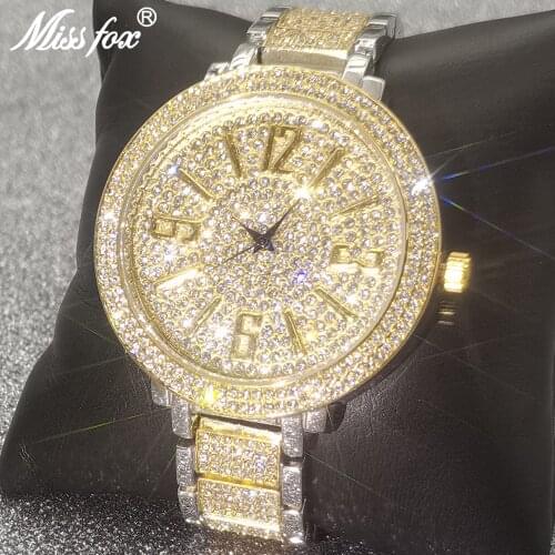 MISSFOX Watches For Men Big Face Fashion Japanese Quartz Movement Full Diamond Watch Male Large Dial Arabic Numeral AAA Watches
