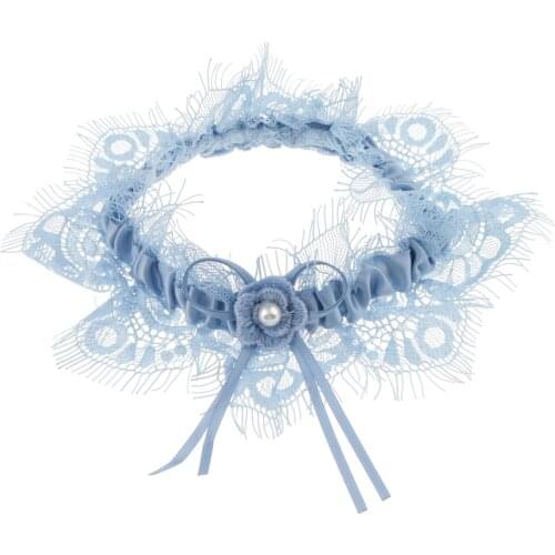 Elegent Bule Wedding Bridal Lace Pearls Garter w/ Bowknot Trim Hen Night Party Dress Wedding Bridal Party Gift Favor