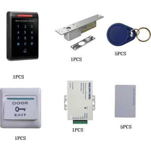 U6-system2: 1pcs U6 touch keypad+ 1pcs bolt lock+1pcs power supply+1pcs exit button+5pcs users card+5pcs users keyfobs