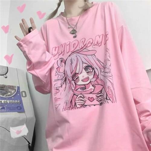 2021 Summer New Long-sleeved T-shirt Cute Kawaii Pink Girls Tops Harajuku Japanese Street Anime Clothes Punk Gentle Goth Woman
