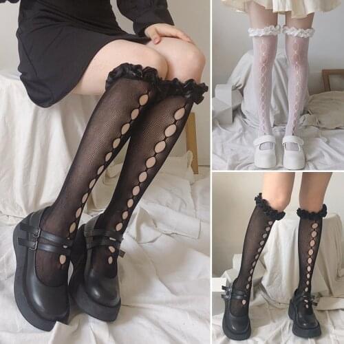 Hollow Lace Stocking Women Mesh Thigh High Knee Socks Woman Transparent Thin Long Stockings Girls Dress Calcetine Medias