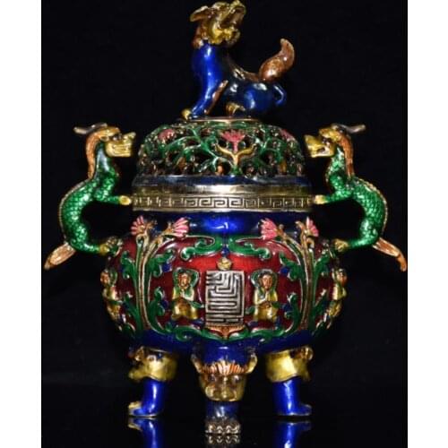 China brass cloisonne double dragon ear Incense burner crafts statue