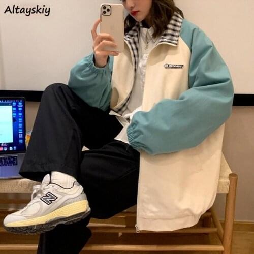 Panelled Plaid Jackets Women Autumn Ins Trendy Harajuku Loose High Street College Student Streetwear Unisex BF Casual Retro Coat