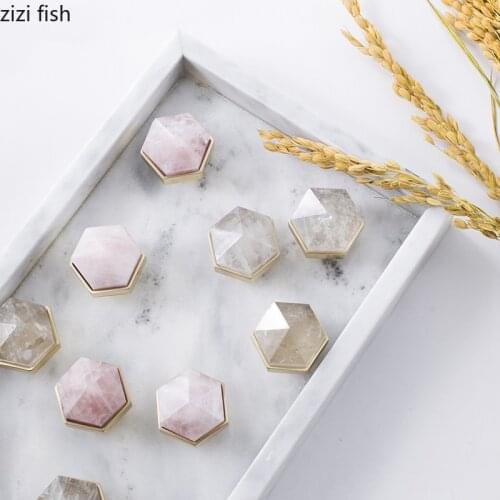 Brass Natural Crystal Handle Northern Europe Translucent Crystal Metal Cabinet Pulls Cupboard Door Wardrobe Drawer Hex Handle