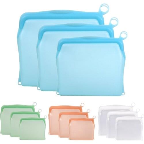 Reusable Food Storage Bags BPA Free Silicone Zip-Top Freezer Safe Airtight Set of 3 Quart Size Freezing Keeping Fresh Cooking