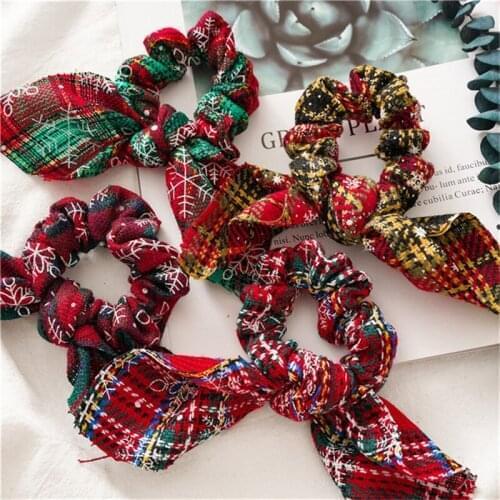 Christmas Rabbit Ear Hair Band Cute Patchwork Plaid Elastic Hair Rope For Women Hot Sale Bow Knot Hair Ponytail Tie Accessories
