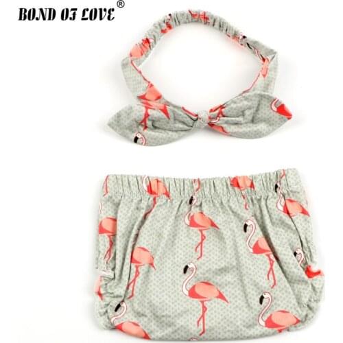 Newborn Baby Shorts and Headband set cotton Baby Bloomers Panties Infant Shorts bebes Flamingo Print baby Shorts