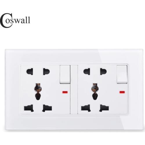 COSWALL Glass Panel 2 Gang 13A Universal 5 Hole Switched Socket With Neon Grounded With Children Protective Door C1 Series