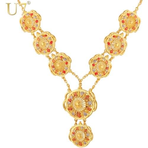 U7 Long Indian Necklace Pendant Trendy Gold Color Party Romantic Round Pendant Necklaces For Women Wedding Wholesale N400