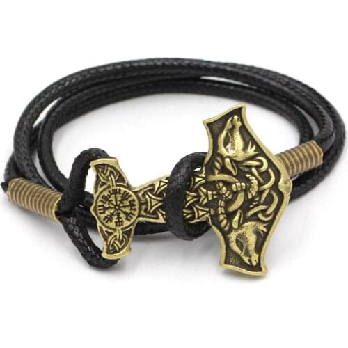 Youeshone 10pcs Leather Norse Vikings Knot Amulet Goat Thors Hammer Bracelet Original Animal 23cm- 23cm