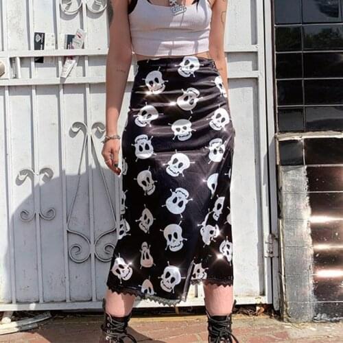 Gothic Skull Print Midi Skirt Harajuku E-Girl High Waist Bottoms Grunge Punk Sexy Lace Trim Black Summer Skirts