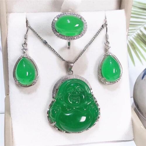 Jadery Natural Green Jade Stone Jewelry Sets Men Women Buddha 925 Sterling Silver Necklace Earrings Ring Gift Jewelry Christmas