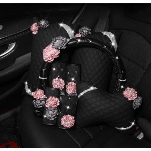 Flower Car Steering Wheel Cover Leather Car Neck Waist Pillow Universal Car Styling Headrest Cushion Pearl Tissue Box Women
