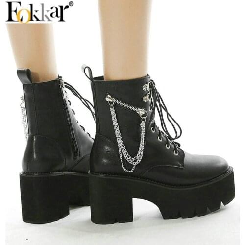 Eokkar 2021 Women Gothic Ankle Boots with Chain Platform High Heels Ankle Boots Chunky Heel for Women Platform Boots Gothic