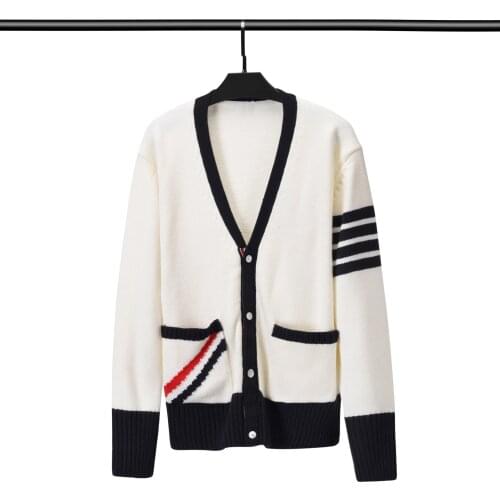 TB THOM Brand Luxury Women Cardigan New Wool Striped Sweater Pockets Men Jacket Long SleeceKnitting Korean Design High Quality