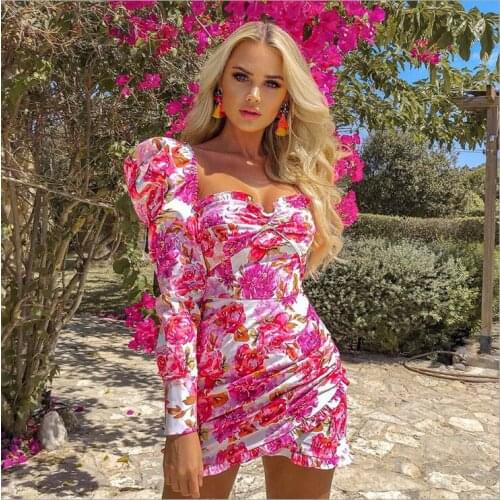 Women Hot Retro Floral Print Dress New Lady Sexy Long Sleeve Flower Vintage Square Collar Short Mini Dress Slim Pencil Dresses