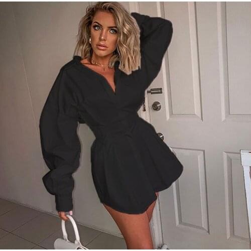Women Sexy Elegant Long Sleeve Shirt Dress Solid Color Plain Shirt Deep V Button Neck Loose Long Shirt Dress For Autumn Spring