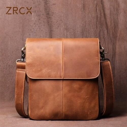 ZRCX Mens Handmade Retro Cowhide Bag Casual Leather Shoulder Bag Vertical Simple And Versatile Messenger Bag For 8-inch IPAD